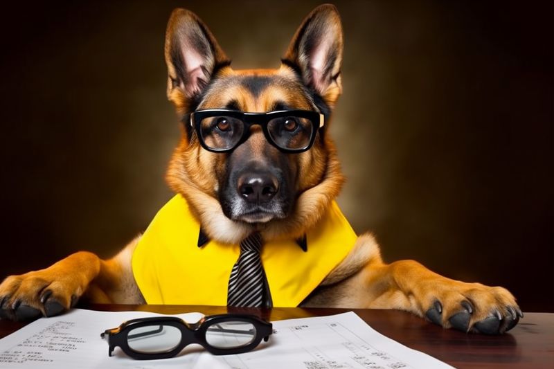 dog finance pet financial business eyeglass animal background funny humor yellow. Generative AI.