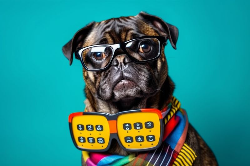 dog financial yellow humor pet funny business finance calculator background animal. Generative AI.