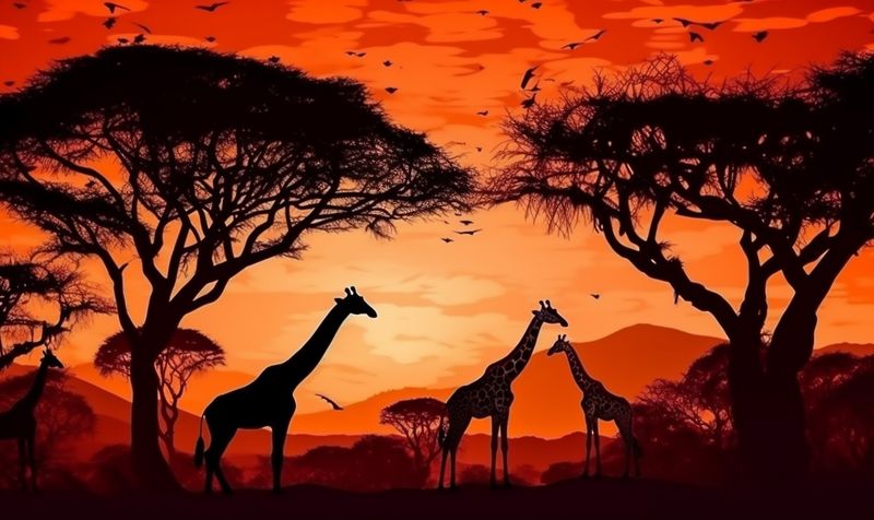africa elephant animal wild safari nature sunset giraffe wildlife silhouette. Generative AI.