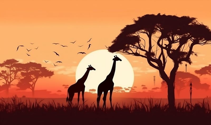 giraffe africa elephant silhouette nature sunset wild animal wildlife safari. Generative AI.