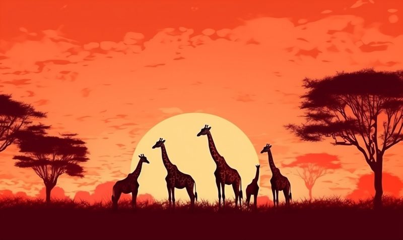 elephant sunset giraffe safari wildlife wild animal africa silhouette nature. Generative AI.