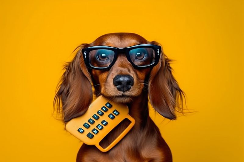 business dog humor background financial funny finance yellow animal calculator pet. Generative AI.