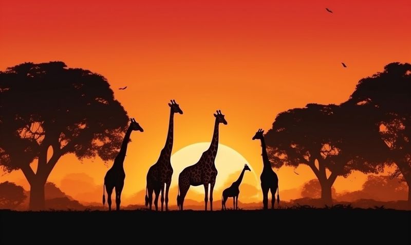 nature silhouette africa elephant wild animal sunset giraffe safari wildlife. Generative AI.