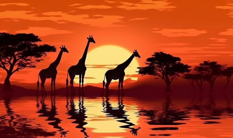 africa nature giraffe elephant sunset silhouette wild safari wildlife animal. Generative AI.