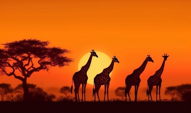 wild nature africa elephant safari silhouette animal wildlife giraffe sunset. Generative AI.