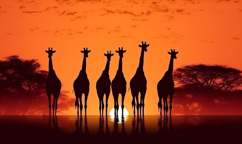 nature wildlife animal safari giraffe africa wild silhouette elephant sunset. Generative AI.