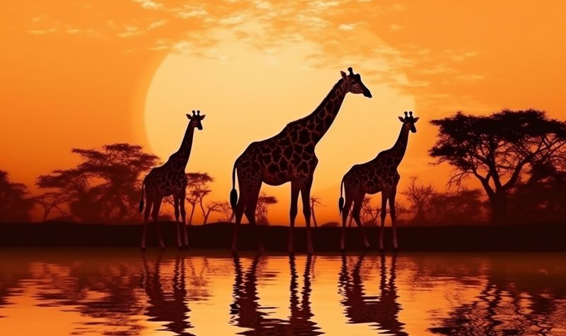sunset nature animal giraffe safari elephant wild africa wildlife silhouette. Generative AI.