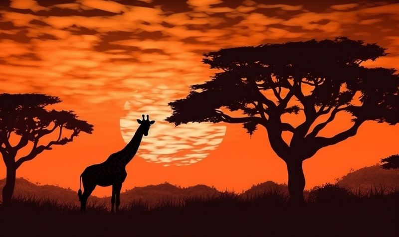 wild nature wildlife safari silhouette sunset africa elephant animal giraffe. Generative AI.