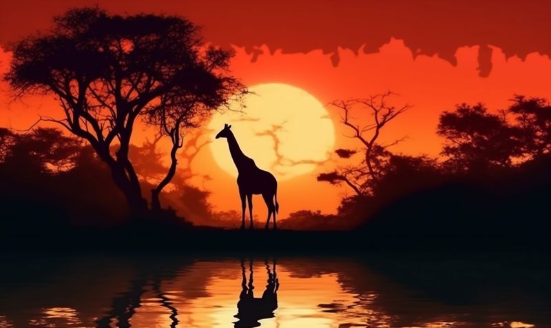 animal wildlife africa silhouette sunset giraffe elephant nature safari wild. Generative AI.