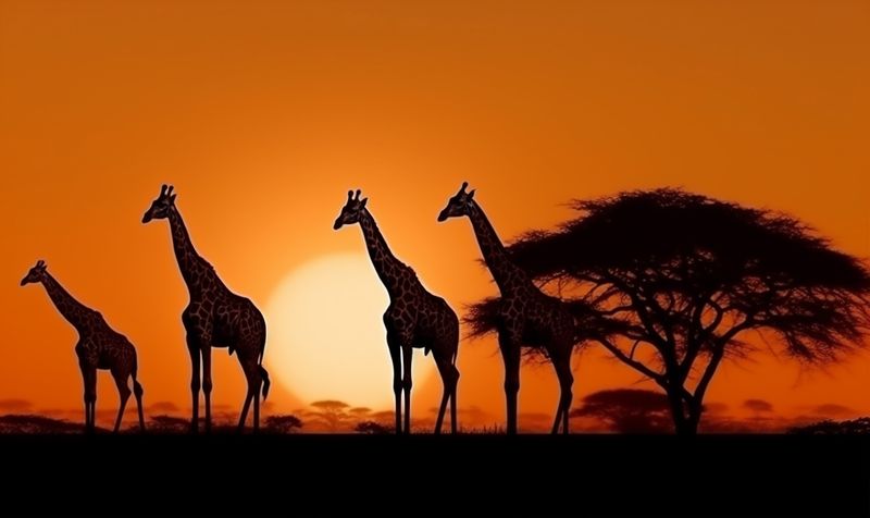 giraffe silhouette africa nature safari wild elephant sunset animal wildlife. Generative AI.