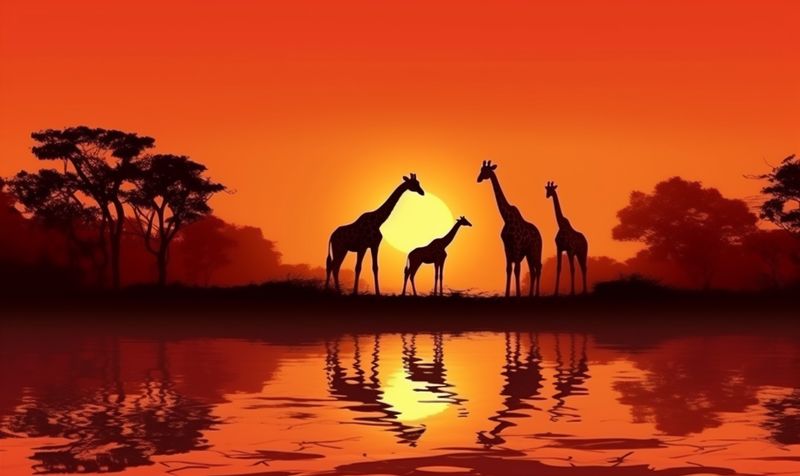 giraffe silhouette safari nature wild wildlife animal africa sunset elephant. Generative AI.