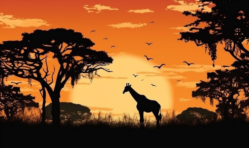nature animal silhouette elephant sunset safari africa wild giraffe wildlife. Generative AI.
