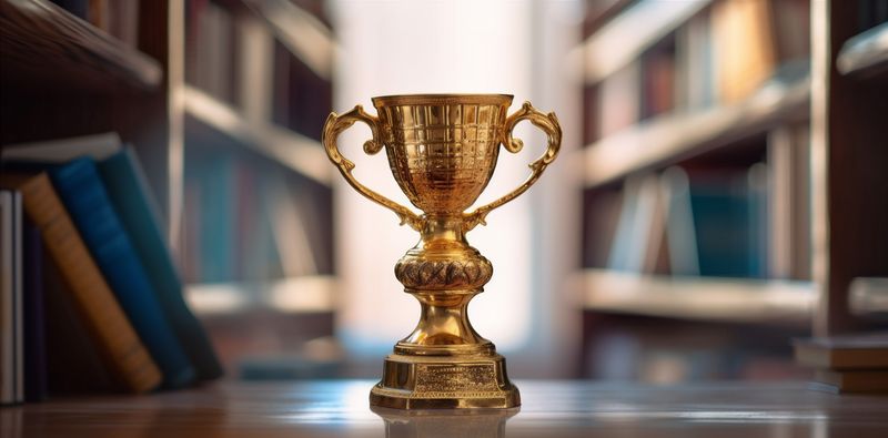 gold library bokeh trophy prize champion competition cup award celebration. Generative AI.