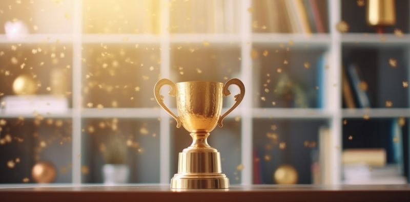 award gold cup celebration champion library bokeh competition prize trophy. Generative AI.