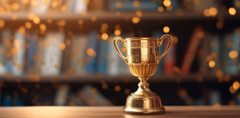 bokeh gold award cup trophy champion library celebration competition prize. Generative AI.