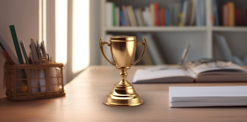 bokeh gold prize celebration library trophy award competition champion cup. Generative AI.