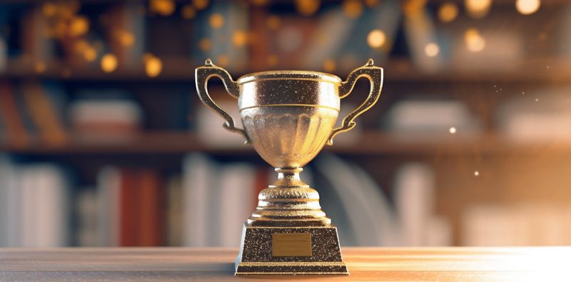 champion award library celebration bokeh competition cup gold prize trophy. Generative AI.