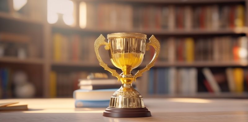 trophy cup award bokeh gold prize champion celebration library competition. Generative AI.