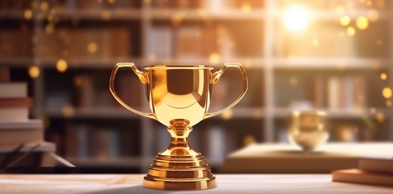 prize bokeh trophy competition gold cup champion award library celebration. Generative AI.