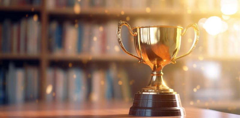 prize champion cup library award celebration trophy bokeh competition gold. Generative AI.