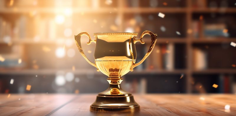 trophy cup celebration gold champion competition award prize library bokeh. Generative AI.