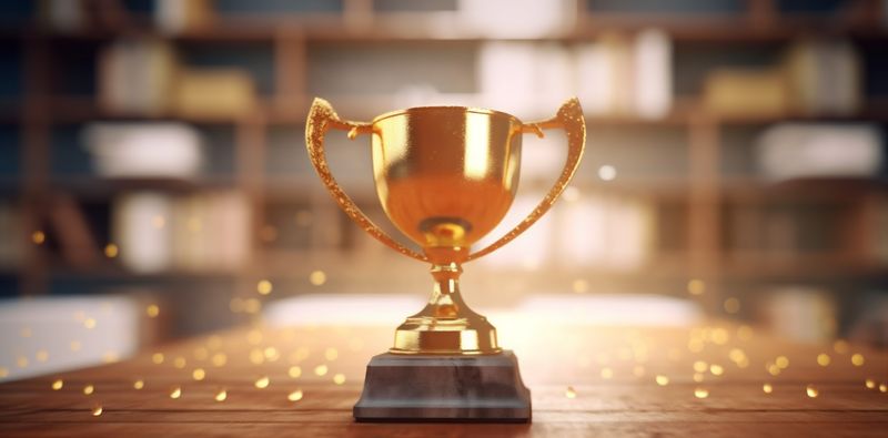 trophy prize cup competition champion gold award celebration library bokeh. Generative AI.