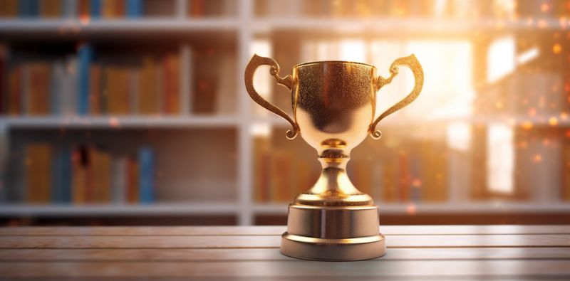 champion competition award celebration prize bokeh library trophy gold cup. Generative AI.
