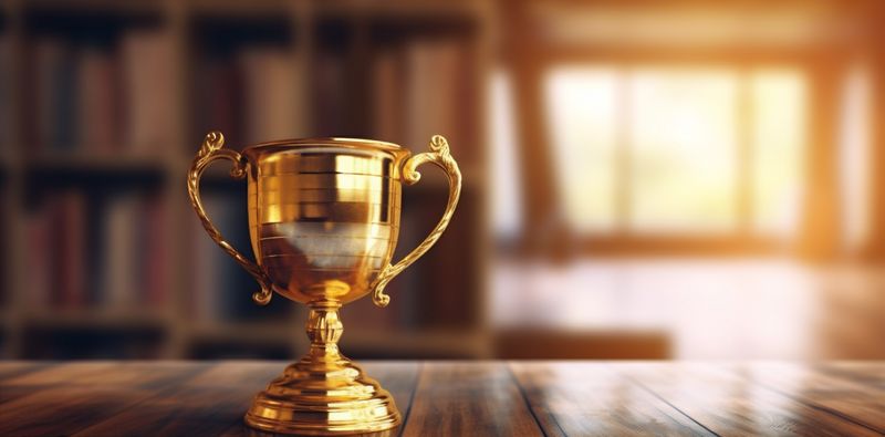 bokeh trophy cup competition prize celebration champion award library gold. Generative AI.