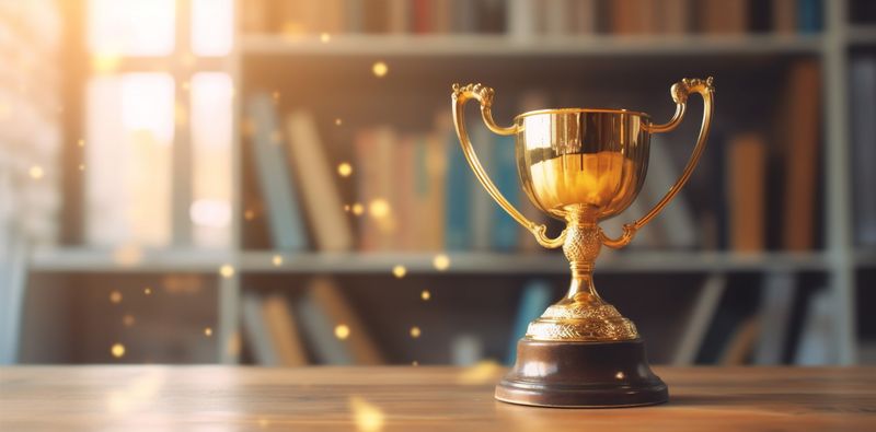 competition prize library gold bokeh trophy champion award cup celebration. Generative AI.