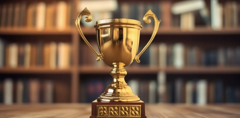 prize competition champion celebration library bokeh cup award trophy gold. Generative AI.