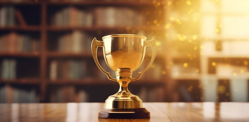 gold prize trophy award bokeh celebration cup competition library champion. Generative AI.