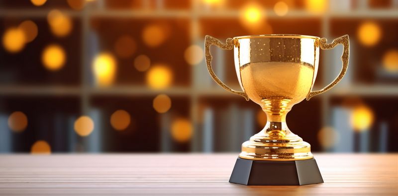 gold celebration library trophy prize competition champion bokeh cup award. Generative AI.