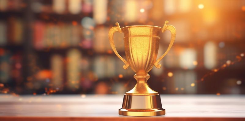 trophy competition champion cup gold bokeh celebration library prize award. Generative AI.