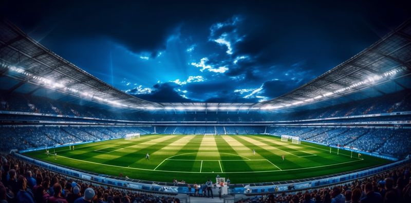 world football light goal green sport arena soccer stadium game. Generative AI.