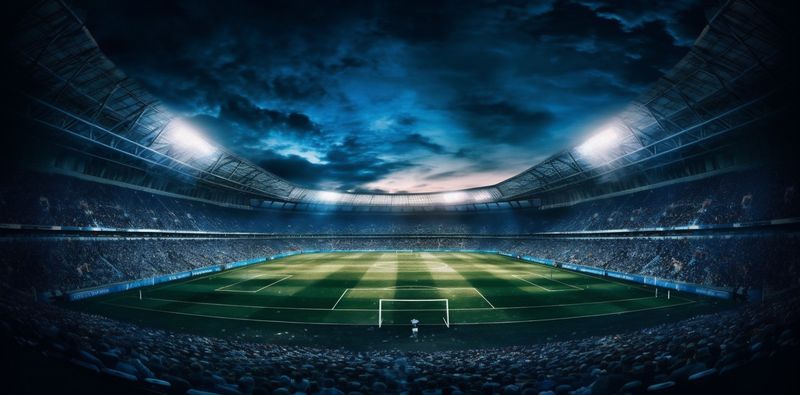 soccer football goal stadium light arena green world sport game. Generative AI.