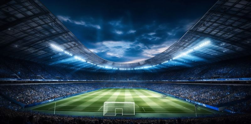 arena stadium light world green sport game goal soccer football. Generative AI.