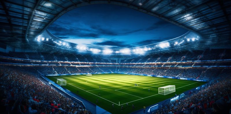 green world arena football light soccer goal sport game stadium. Generative AI.