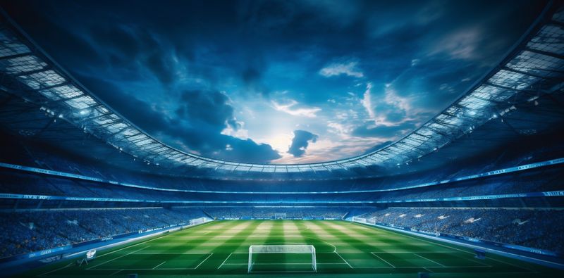 light arena game goal green stadium football soccer world sport. Generative AI.