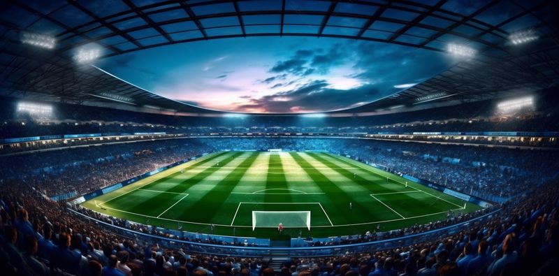 goal soccer arena stadium light green world football sport game. Generative AI.