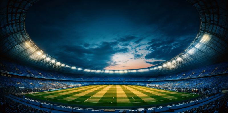 arena sport green goal football game soccer light stadium world. Generative AI.