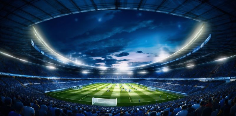 green arena goal stadium football sport game soccer light world. Generative AI.