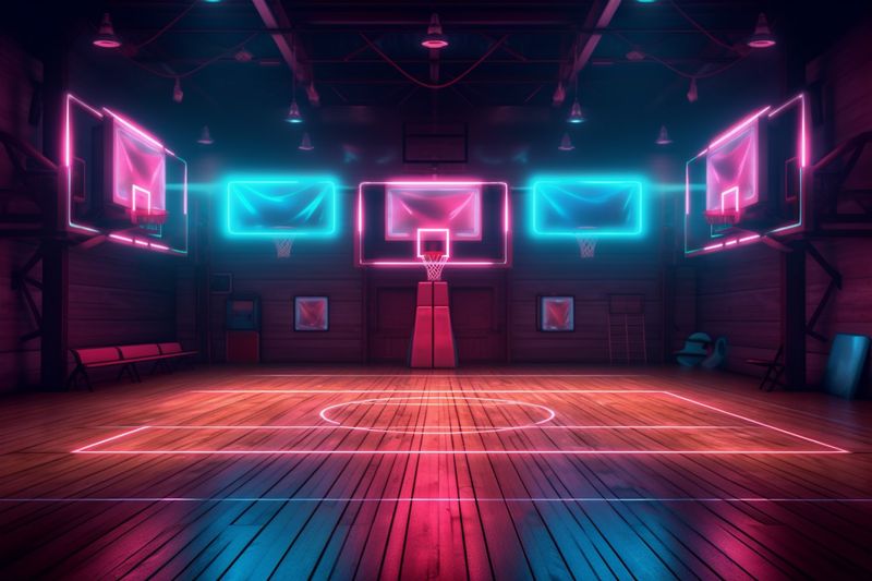 basketball nobody game indoor neon empty background interior arena black hall corridor. Generative AI.
