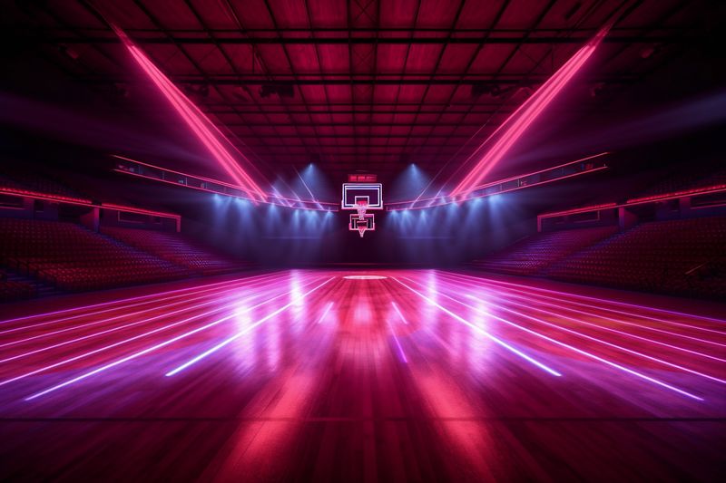 game arena empty basketball background interior hall corridor indoor professional spotlight neon. Generative AI.