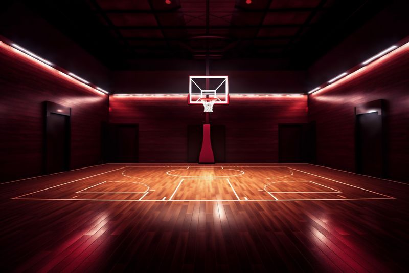 hall illuminated indoor game corridor sport basketball interior arena neon empty background. Generative AI.