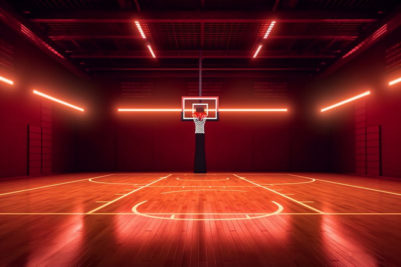 indoor hall arena bright interior background neon game basketball illuminated corridor empty. Generative AI.