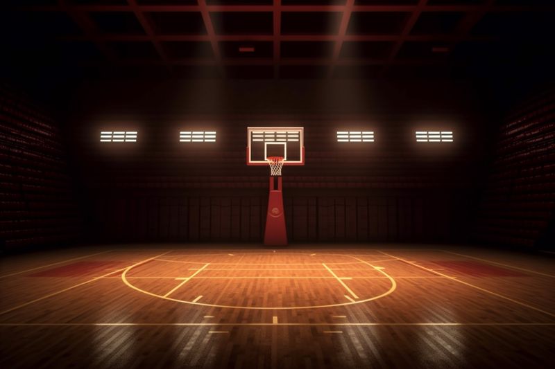 corridor arena court basketball empty indoor hall interior background neon game blue. Generative AI.