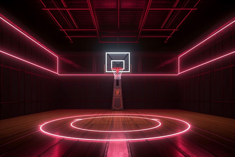 indoor illuminated arena game corridor interior empty background basketball hall neon nobody. Generative AI.