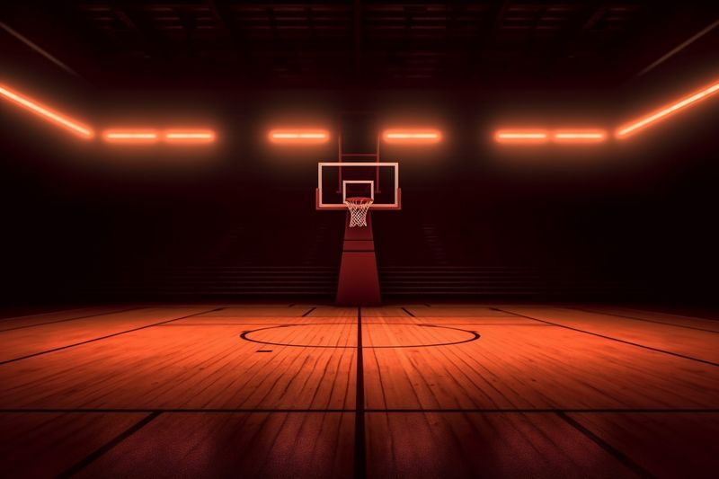 empty background three-dimensional design game interior indoor hall arena corridor basketball neon. Generative AI.