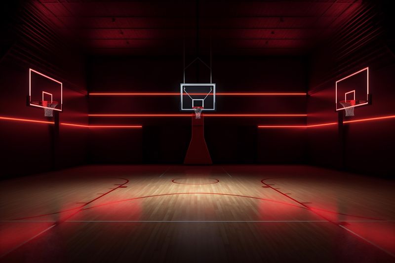 interior three-dimensional empty corridor neon game futuristic basketball indoor background hall arena. Generative AI.