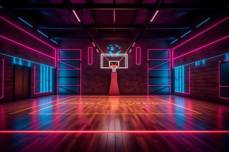empty render corridor spotlight basketball hall neon game background arena indoor interior. Generative AI.